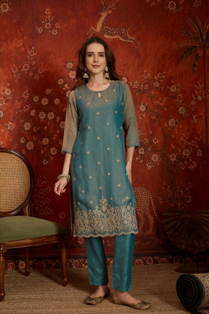 Blue Floral Embroidered Silk Straight Cut Suits (ACB2453)