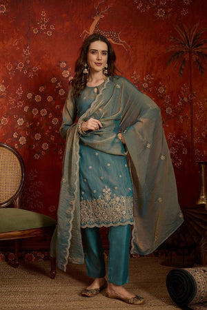 Blue Floral Embroidered Silk Straight Cut Suits (ACB2453)