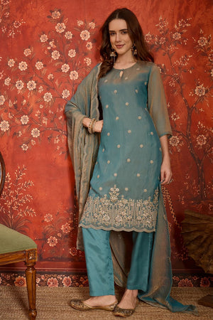 Blue Floral Embroidered Silk Straight Cut Suits (ACB2453)