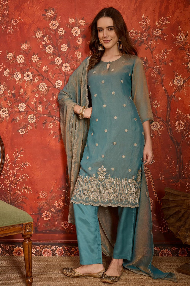 Blue Floral Embroidered Silk Straight Cut Suits (ACB2453)