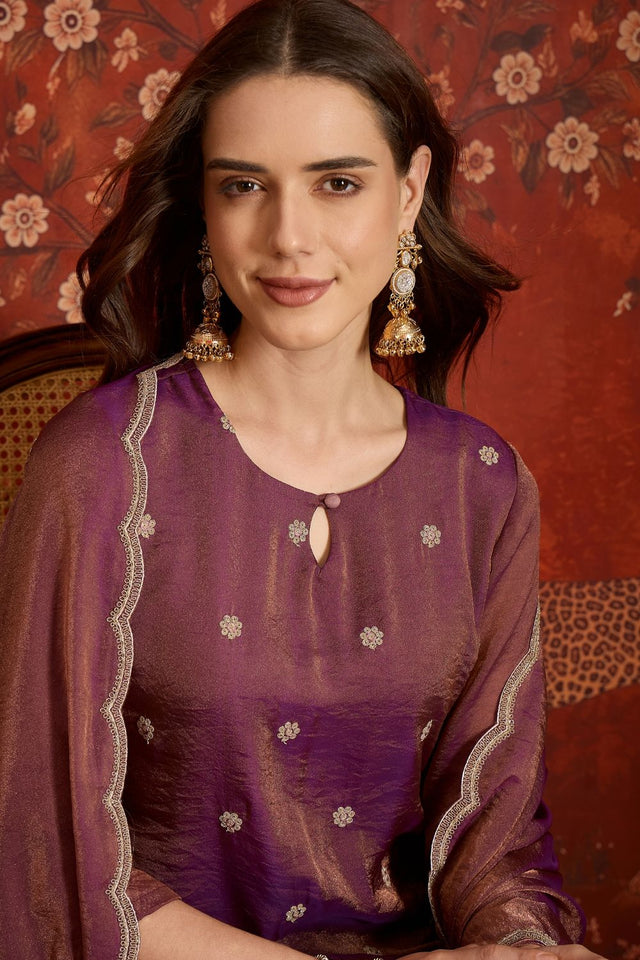 Purple Floral Embroidered Silk Straight Cut Suits (ACB2454)