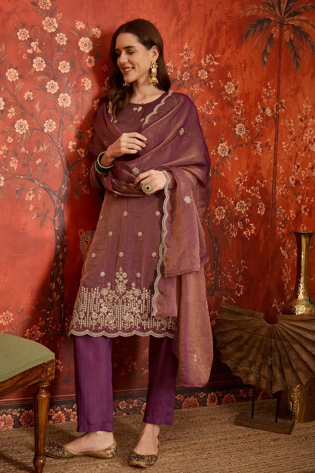 Purple Floral Embroidered Silk Straight Cut Suits (ACB2454)