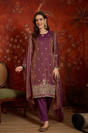 Purple Floral Embroidered Silk Straight Cut Suits (ACB2454)