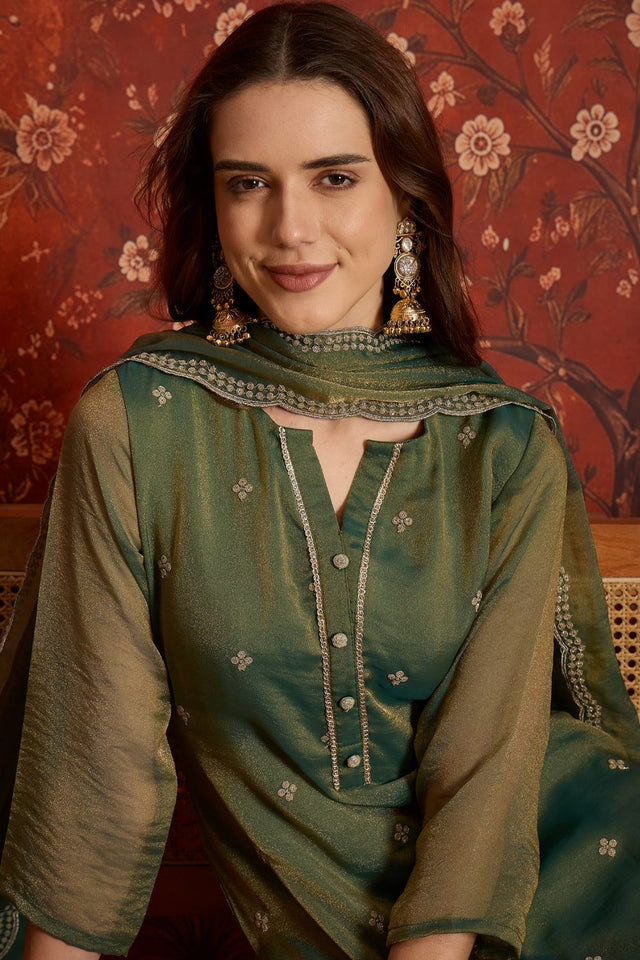 Green Floral Embroidered Silk Straight Cut Suits (ACB2455)