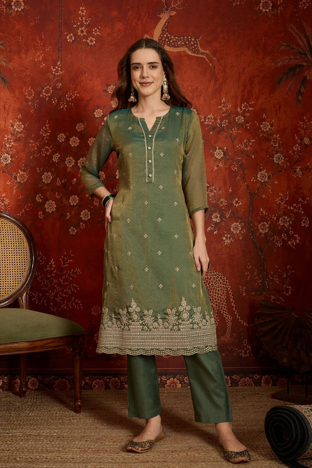 Green Floral Embroidered Silk Straight Cut Suits (ACB2455)