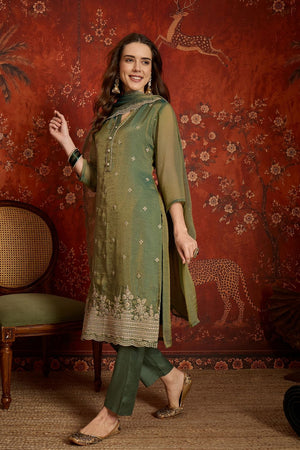 Green Floral Embroidered Silk Straight Cut Suits (ACB2455)