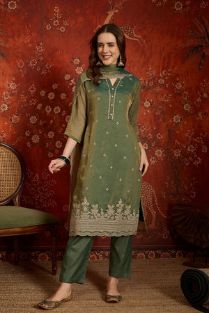 Green Floral Embroidered Silk Straight Cut Suits (ACB2455)