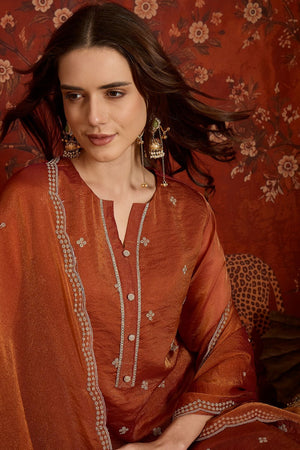 Rust Floral Embroidered Silk Straight Cut Suits (ACB2456)