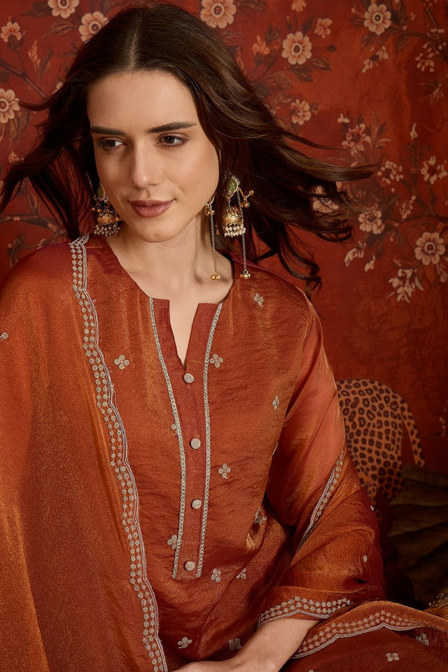 Rust Floral Embroidered Silk Straight Cut Suits (ACB2456)