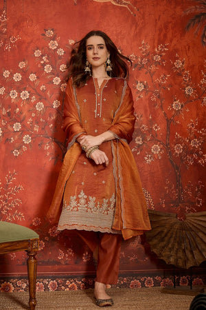 Rust Floral Embroidered Silk Straight Cut Suits (ACB2456)