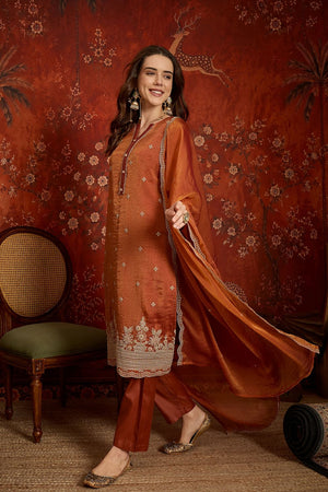 Rust Floral Embroidered Silk Straight Cut Suits (ACB2456)