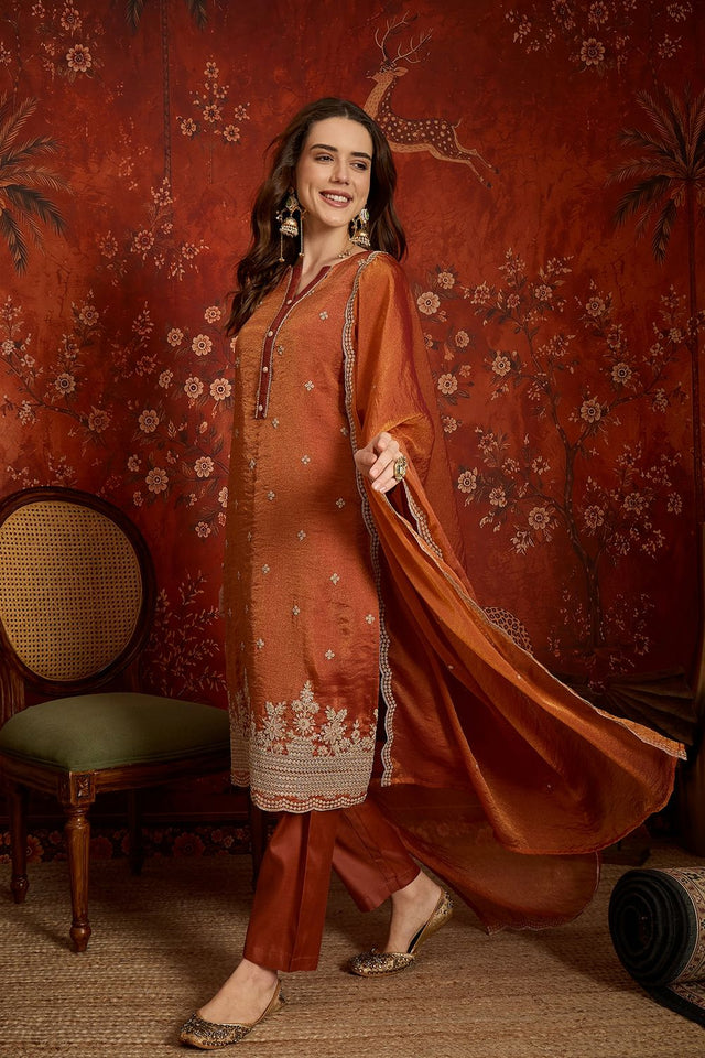 Rust Floral Embroidered Silk Straight Cut Suits (ACB2456)