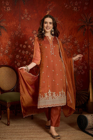 Rust Floral Embroidered Silk Straight Cut Suits (ACB2456)