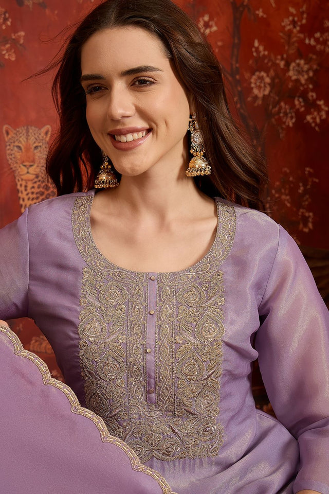 Purple Embroidered Silk Straight Cut Suits (ACB2457)