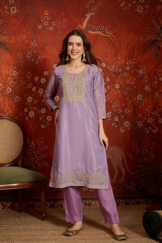 Purple Embroidered Silk Straight Cut Suits (ACB2457)