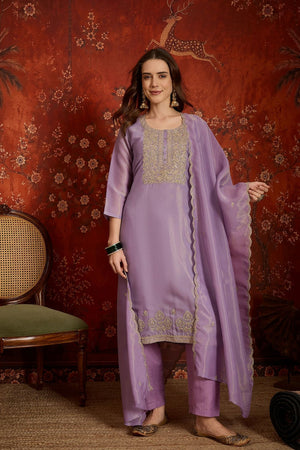 Purple Embroidered Silk Straight Cut Suits (ACB2457)