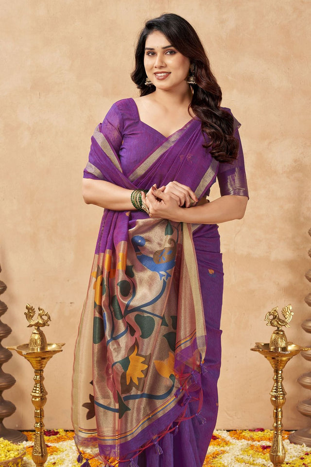 Purple Woven Linen Saree (ACB2470)