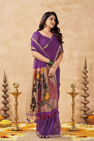 Purple Woven Linen Saree (ACB2470)