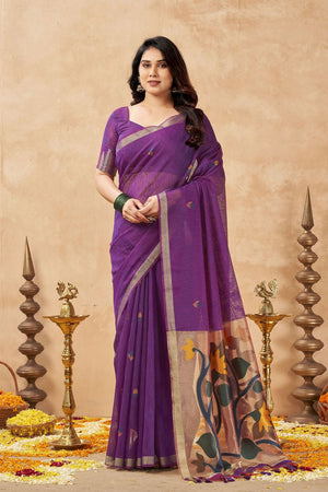 Purple Woven Linen Saree (ACB2470)