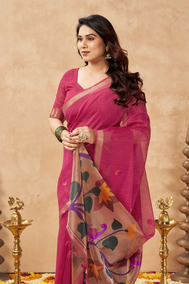 Pink Woven Linen Saree (ACB2471)