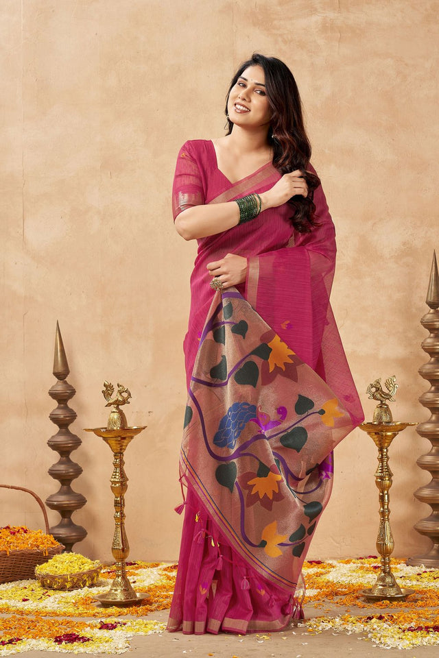 Pink Woven Linen Saree (ACB2471)