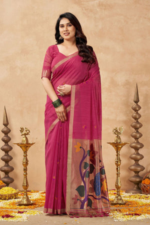 Pink Woven Linen Saree (ACB2471)