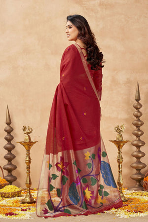 Red Woven Linen Saree (ACB2472)