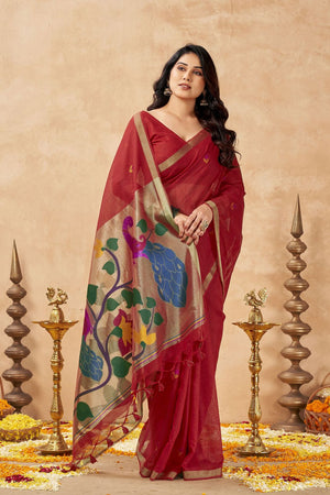 Red Woven Linen Saree (ACB2472)