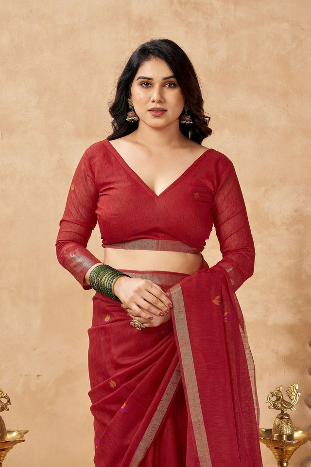 Red Woven Linen Saree (ACB2472)