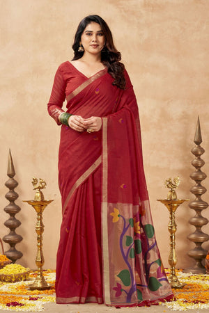 Red Woven Linen Saree (ACB2472)