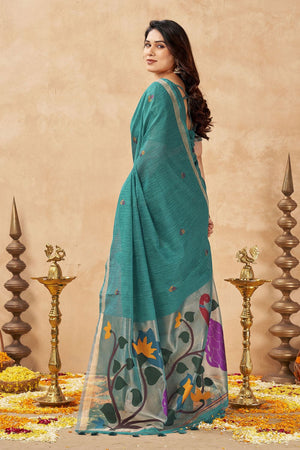 Turquoise Woven Linen Saree (ACB2474)