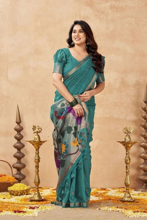 Turquoise Woven Linen Saree (ACB2474)