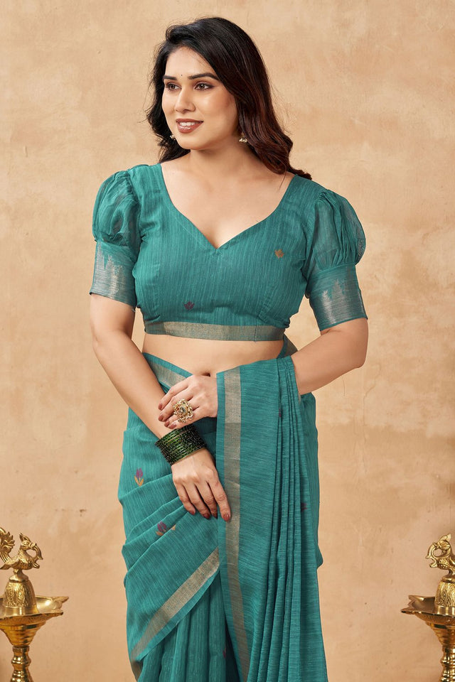 Turquoise Woven Linen Saree (ACB2474)
