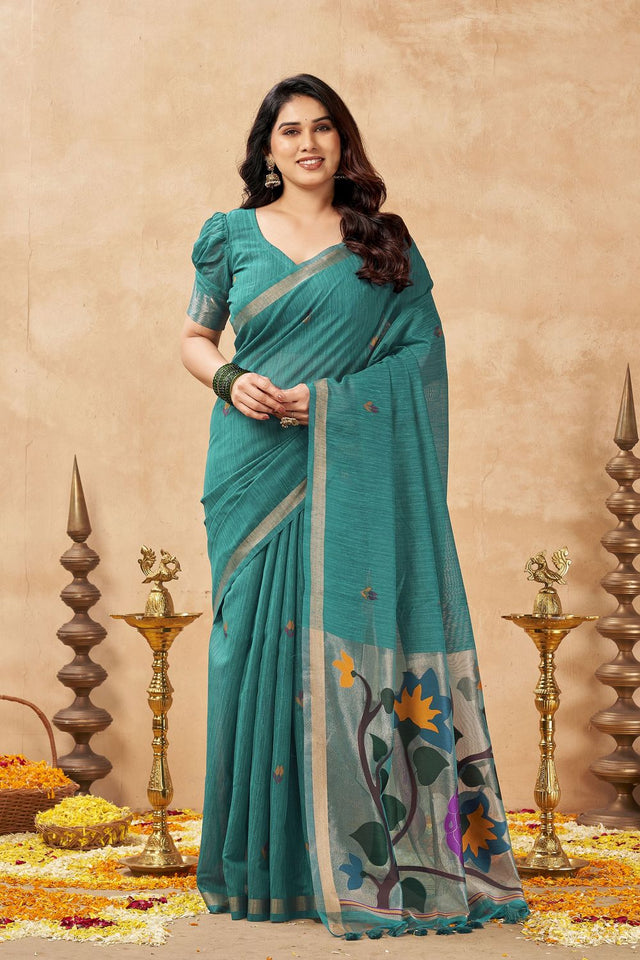 Turquoise Woven Linen Saree (ACB2474)