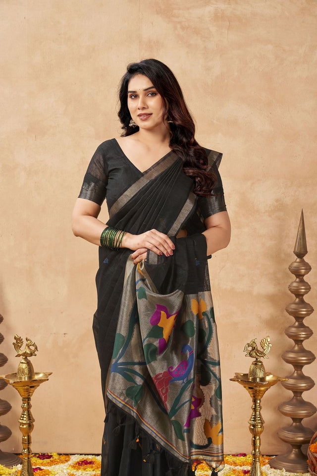 Black Woven Linen Saree (ACB2475)