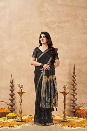 Black Woven Linen Saree (ACB2475)
