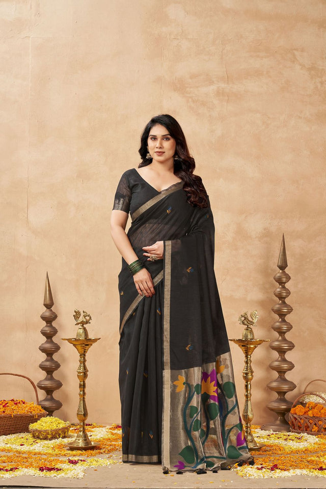 Black Woven Linen Saree (ACB2475)