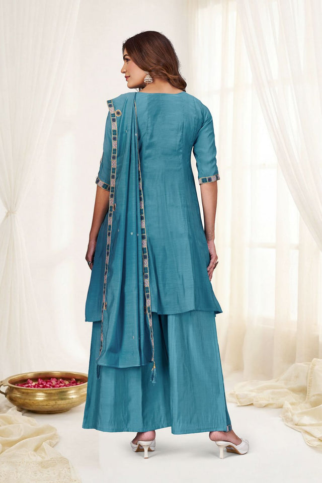 Turquoise Embroidered Chanderi Palazzo Suit (ACB2476)