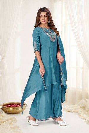 Turquoise Embroidered Chanderi Palazzo Suit (ACB2476)