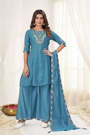 Turquoise Embroidered Chanderi Palazzo Suit (ACB2476)