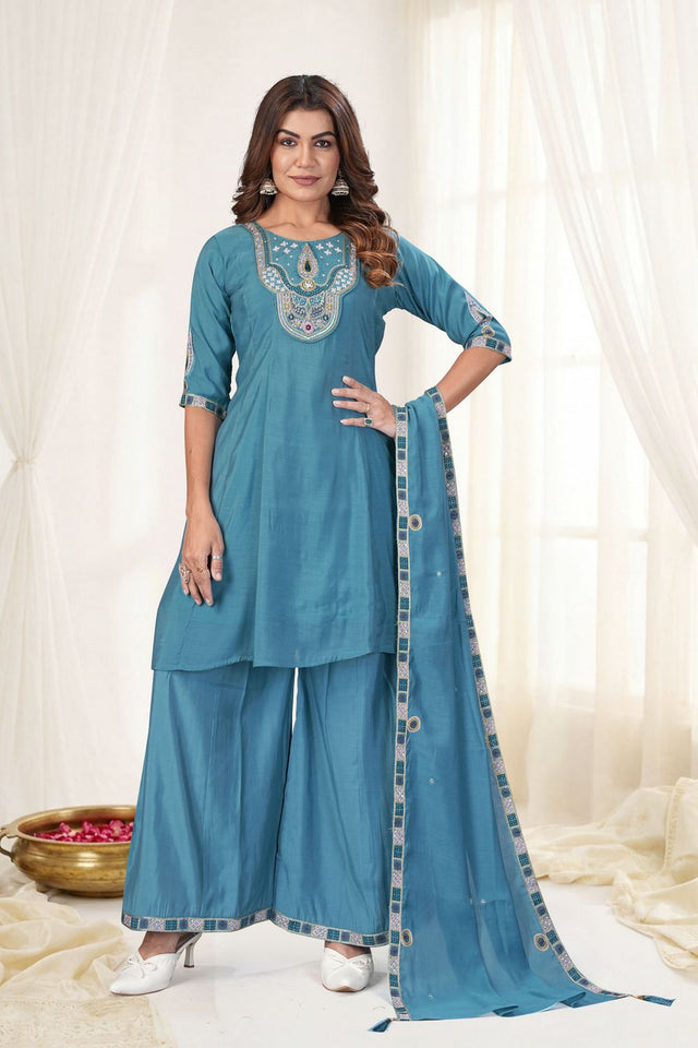 Turquoise Embroidered Chanderi Palazzo Suit (ACB2476)