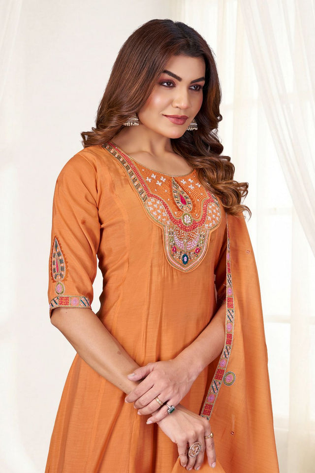 Rust Embroidered Chanderi Palazzo Suit (ACB2477)