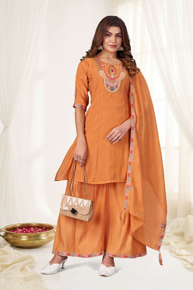 Rust Embroidered Chanderi Palazzo Suit (ACB2477)