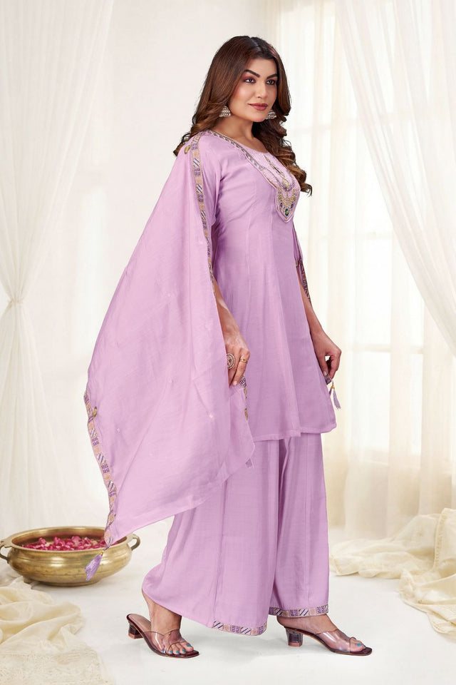 Lavender Embroidered Chanderi Palazzo Suit (ACB2478)