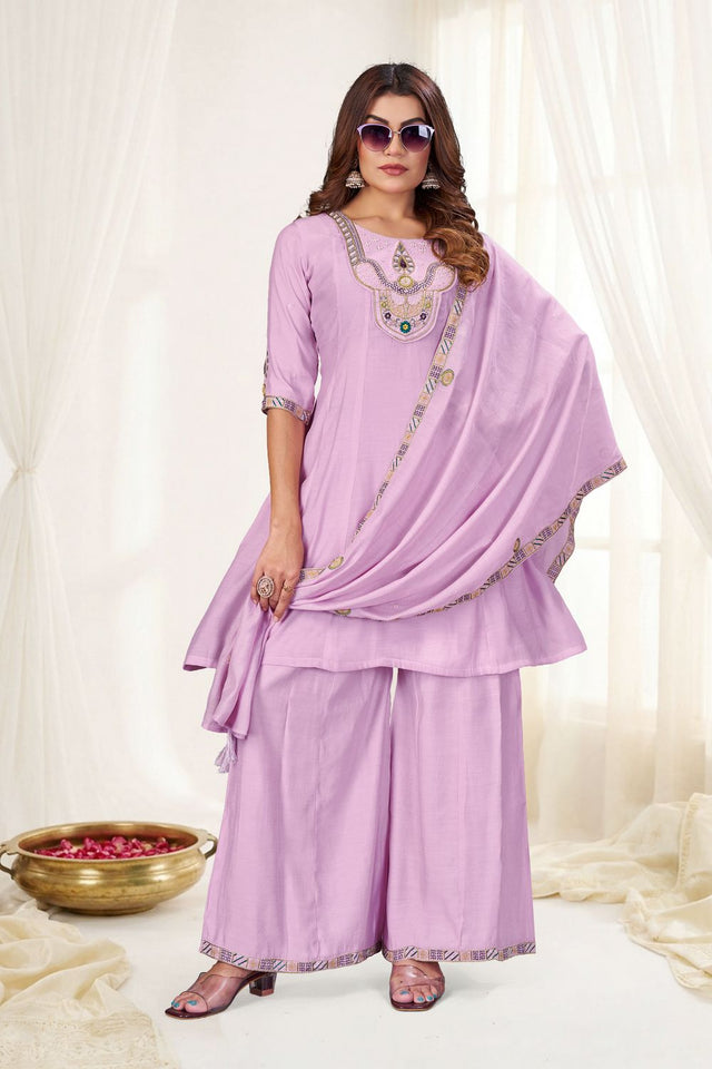 Lavender Embroidered Chanderi Palazzo Suit (ACB2478)
