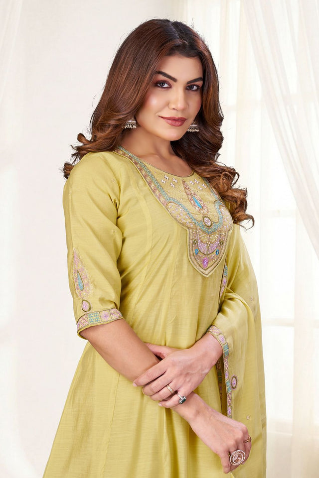 Cream Embroidered Chanderi Palazzo Suit (ACB2479)