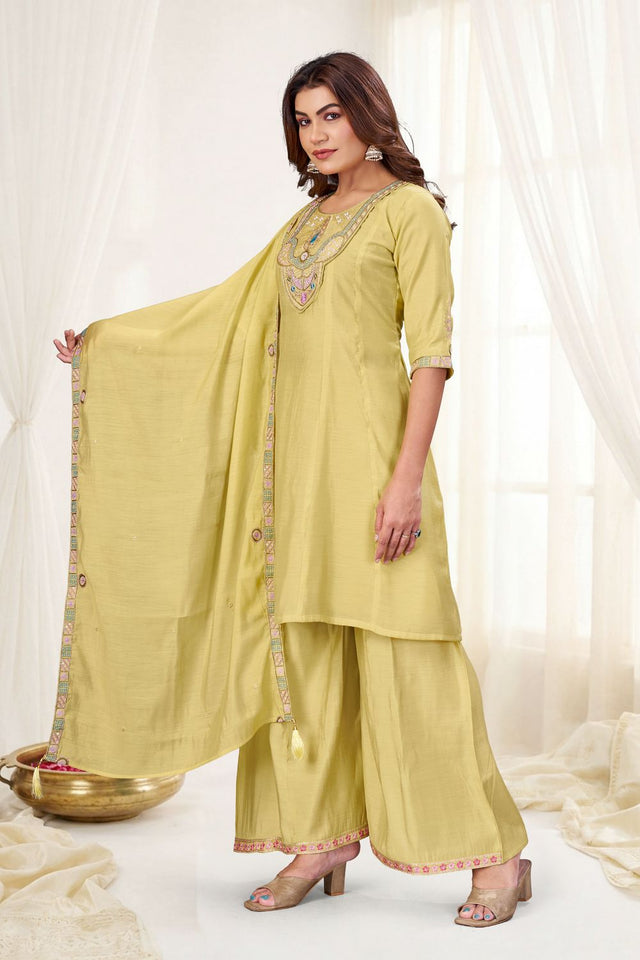 Cream Embroidered Chanderi Palazzo Suit (ACB2479)