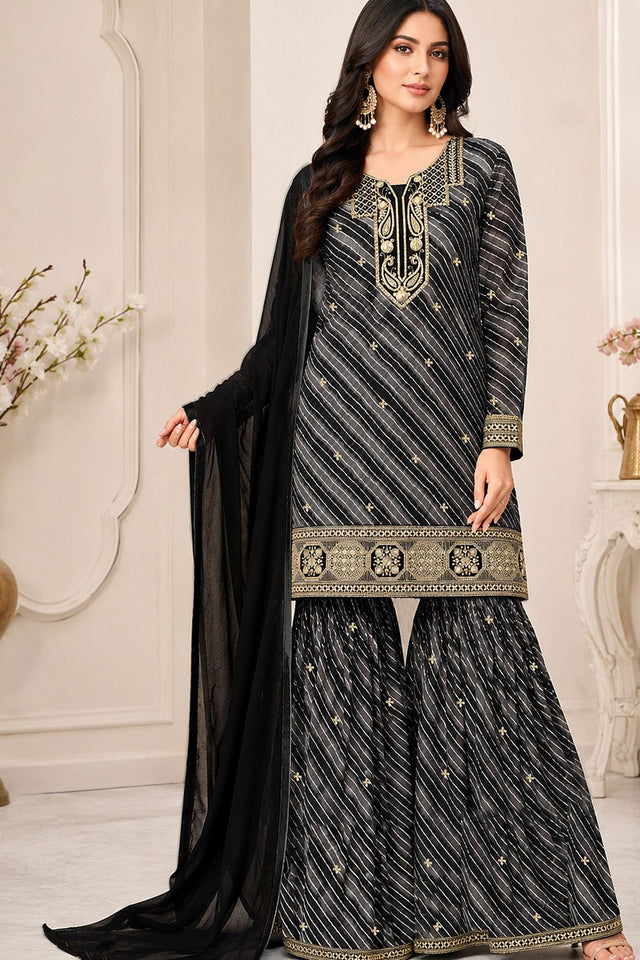 Black Embroidered Georgette Sharara Suit (ACB2480)