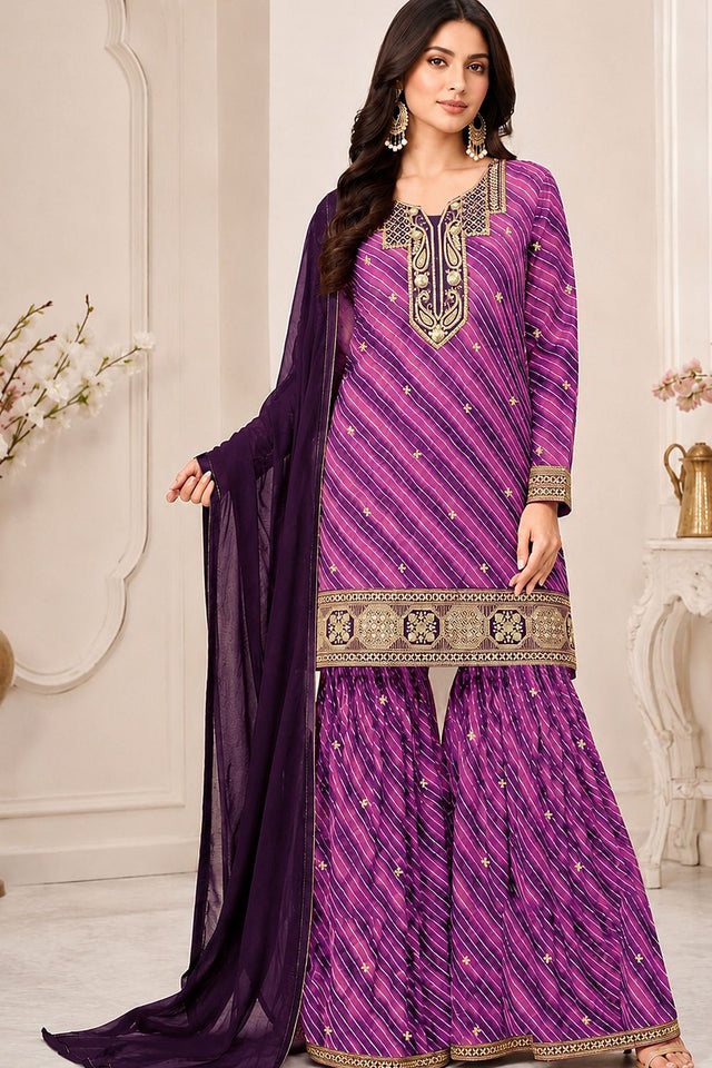 Purple Embroidered Georgette Sharara Suit (ACB2481)