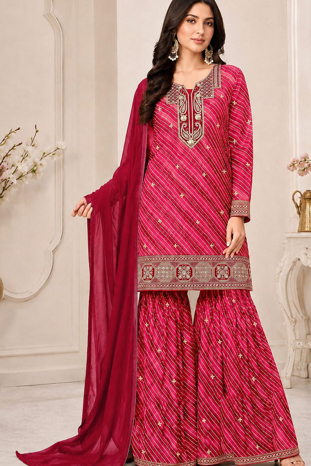Red Embroidered Georgette Sharara Suit (ACB2483)